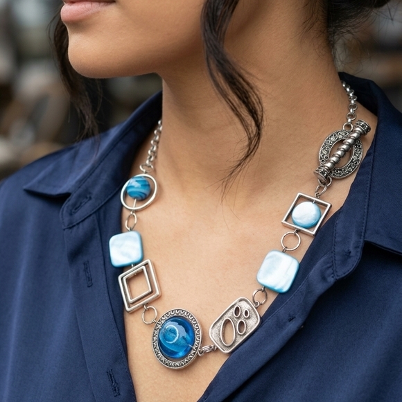 Source Unknown Jewelry - Source Unknown Silver-Tone Necklace with Deep and Light Blue Glass Accents